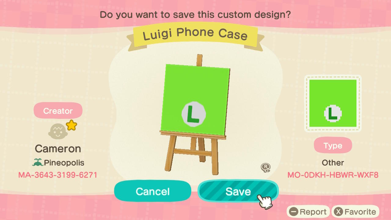 Animal Crossing Design Code: MO-0DKH-HBWR-WXF8 Luigi Phone Case
