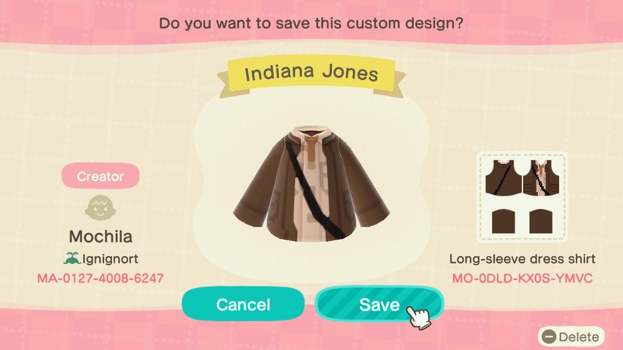 Animal Crossing Design Code: MO-0DLD-KX0S-YMVC Indiana Jones