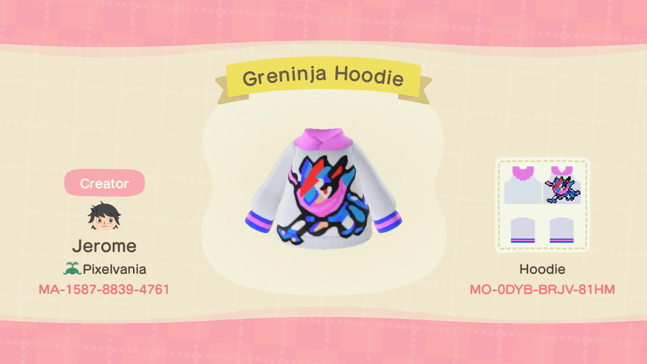 Animal Crossing Design Code: MO-0DYB-BRJV-81HM Greninja Hoodie
