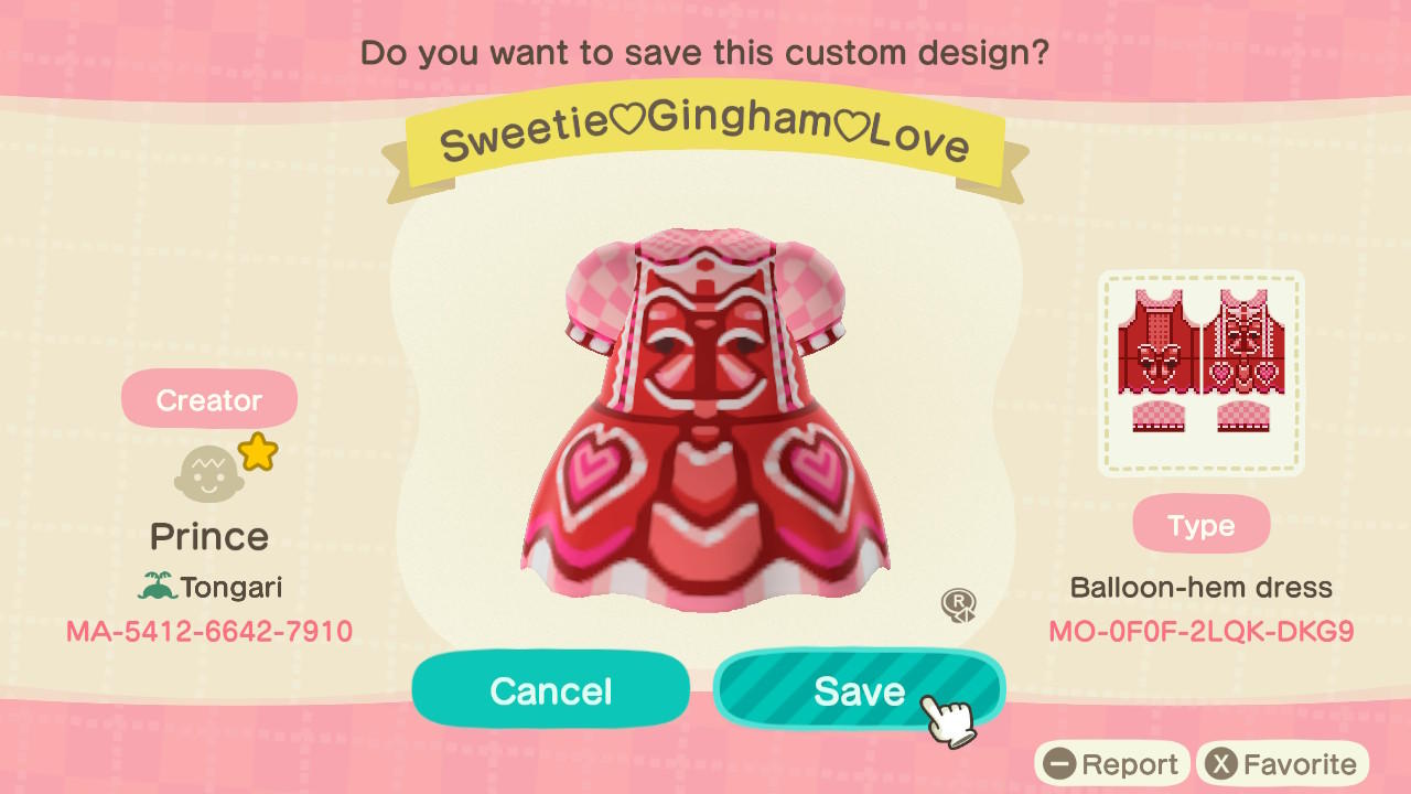 Animal Crossing Design Code: MO-0F0F-2LQK-DKG9 Sweetie Gingham Love
