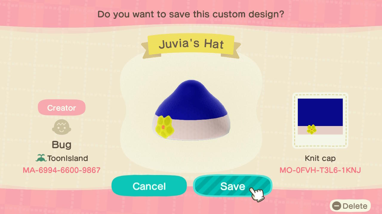Animal Crossing Design Code: MO-0FVH-T3L6-1KNJ Juvia’s Hat