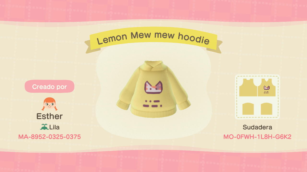 Animal Crossing Design Code: MO-0FWH-1L8H-G6K2 Lemon Mew Mew Hoodie