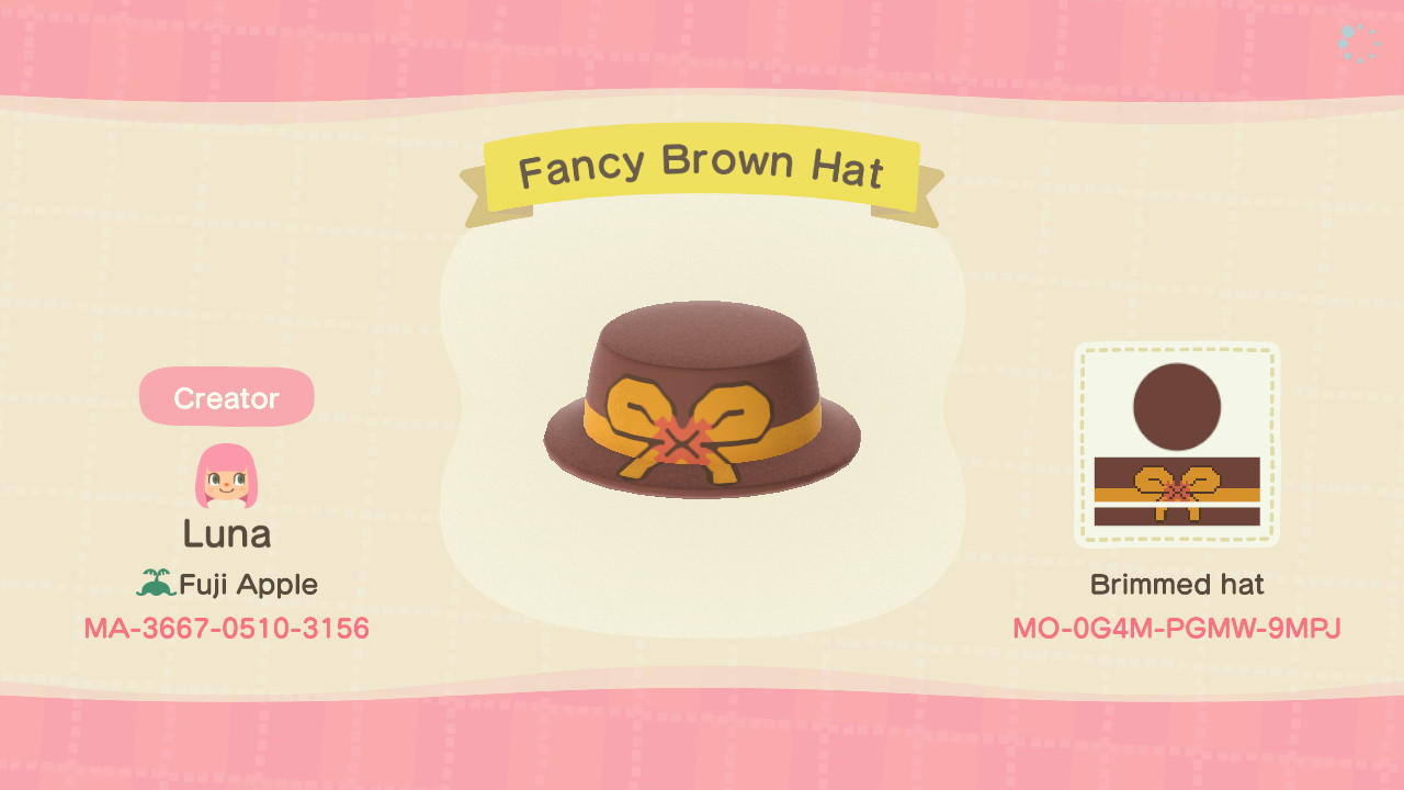 Animal Crossing Design Code: MO-0G4M-PGMW-9MPJ Fancy Brown Hat