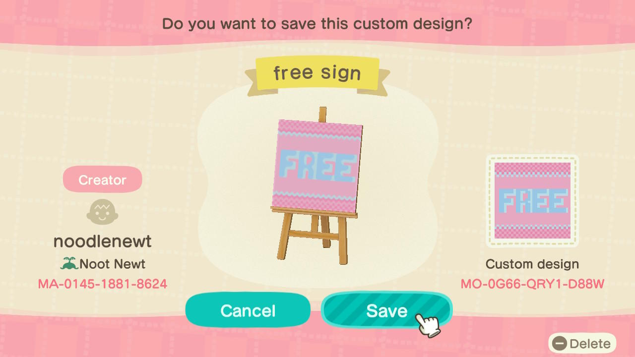 Animal Crossing Design Code: MO-0G66-QRY1-D88W Free Sign