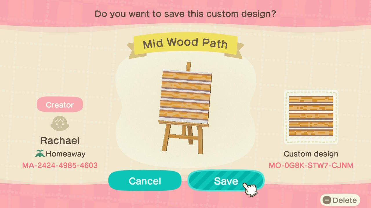Animal Crossing Design Code: MO-0G8K-STW7-CJNM Mid Wood Path
