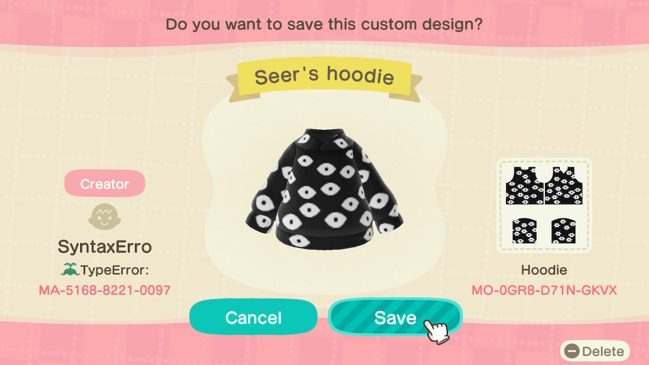 Animal Crossing Design Code: MO-0GR8-D71N-GKVX Seer's Hoodie