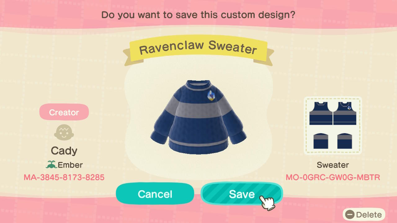 Animal Crossing Design Code: MO-0GRC-GW0G-MBTR Ravenclaw Sweater