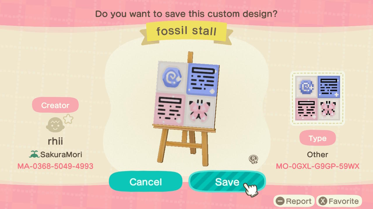 Animal Crossing Design Code: MO-0GXL-G9GP-59WX Fossil Stall