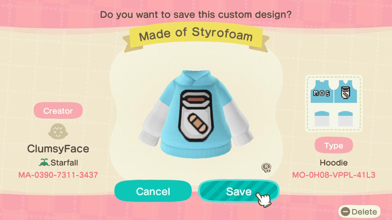 Animal Crossing Design Code: MO-0H08-VPPL-41L3 Made of Styrofoam