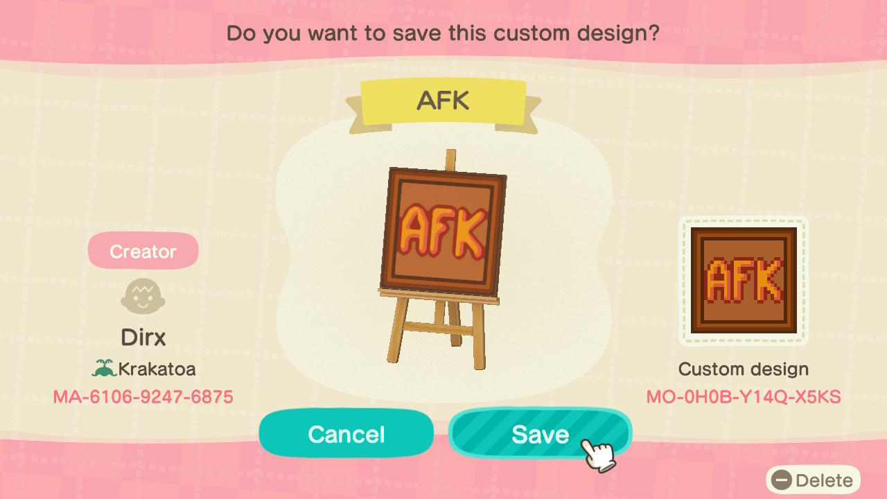 Animal Crossing Design Code: MO-0H0B-Y14Q-X5KS AFK