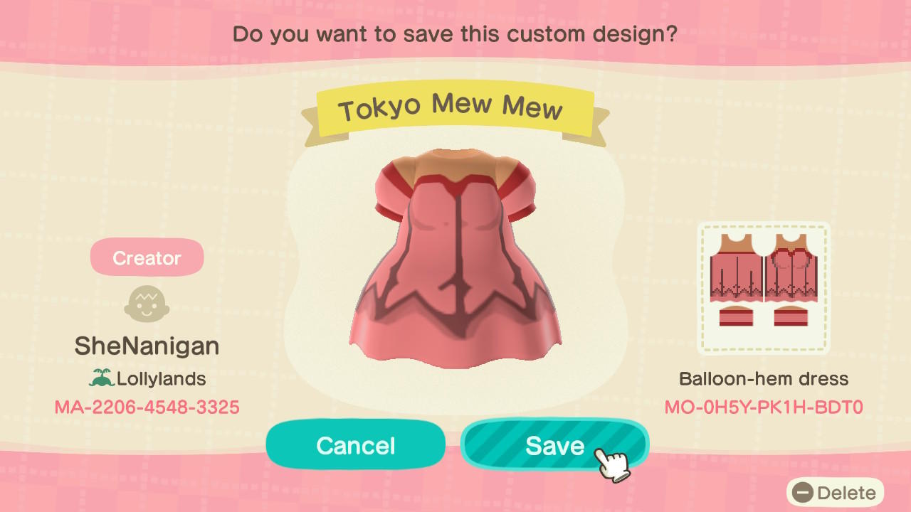 Animal Crossing Design Code: MO-0H5Y-PK1H-BDT0 Tokyo Mew Mew