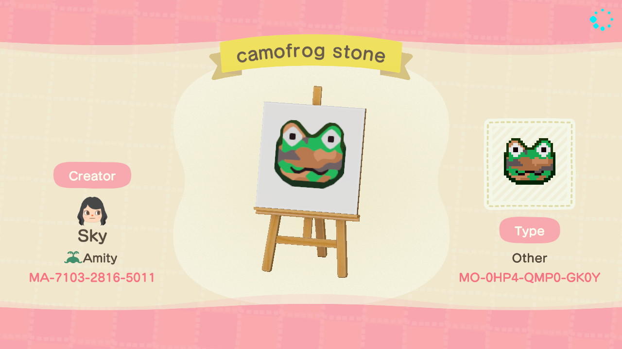 Animal Crossing Design Code: MO-0HP4-QMP0-GK0Y Camofrog Stone