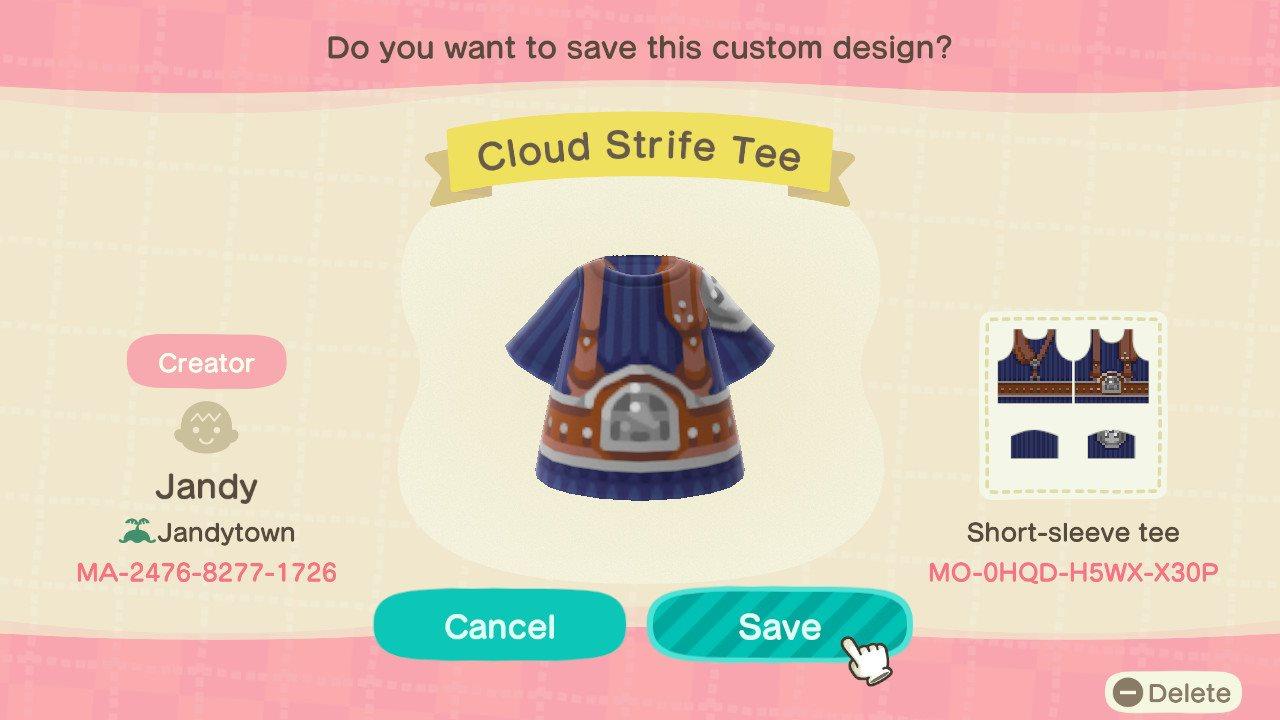Animal Crossing Design Code: MO-0HQD-H5WX-X30P Cloud Strife Tee