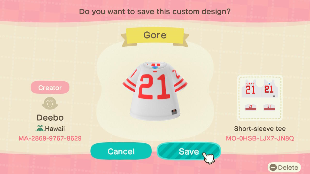 Animal Crossing Design Code: MO-0HSB-LJX7-JN8Q SF 49ers Frank Gore