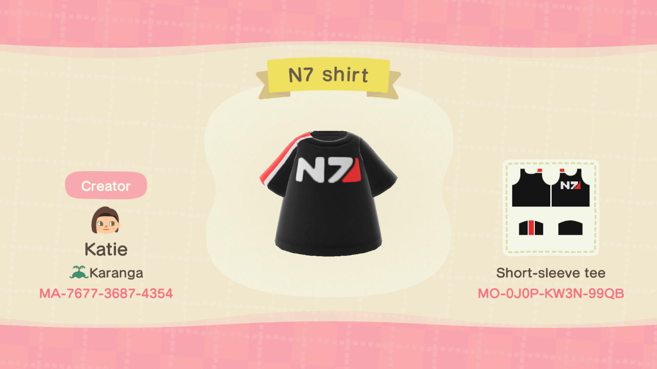 Animal Crossing Design Code: MO-0J0P-KW3N-99QB Mass Effect N7 shirt