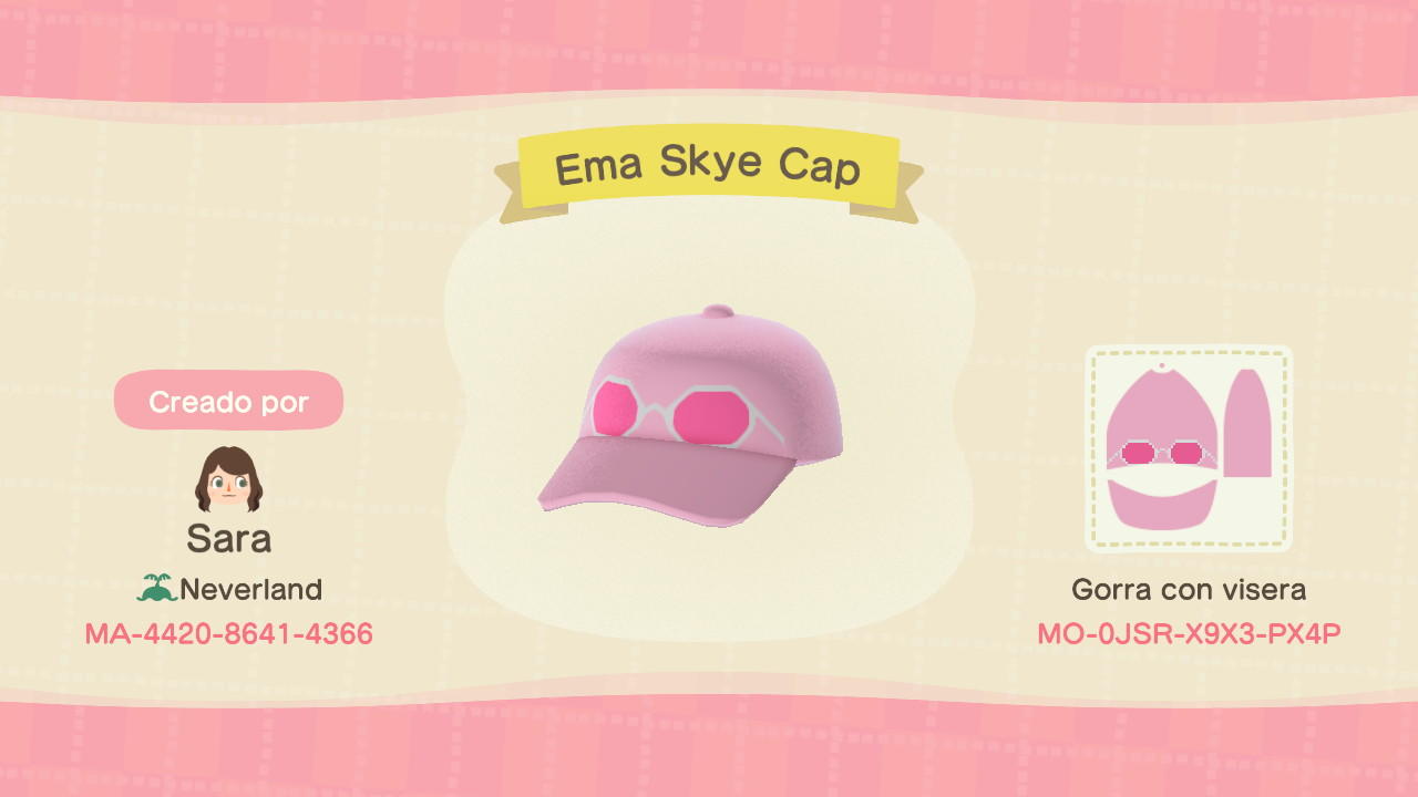 Animal Crossing Design Code: MO-0JS3-X9X3-PX4P Ema Skye Cap