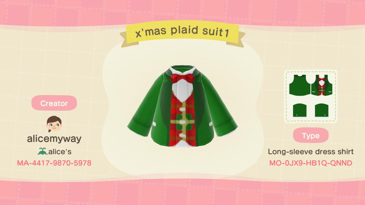 Animal Crossing Design Code: MO-0JX9-HB1Q-QNND Christmas plaid suit
