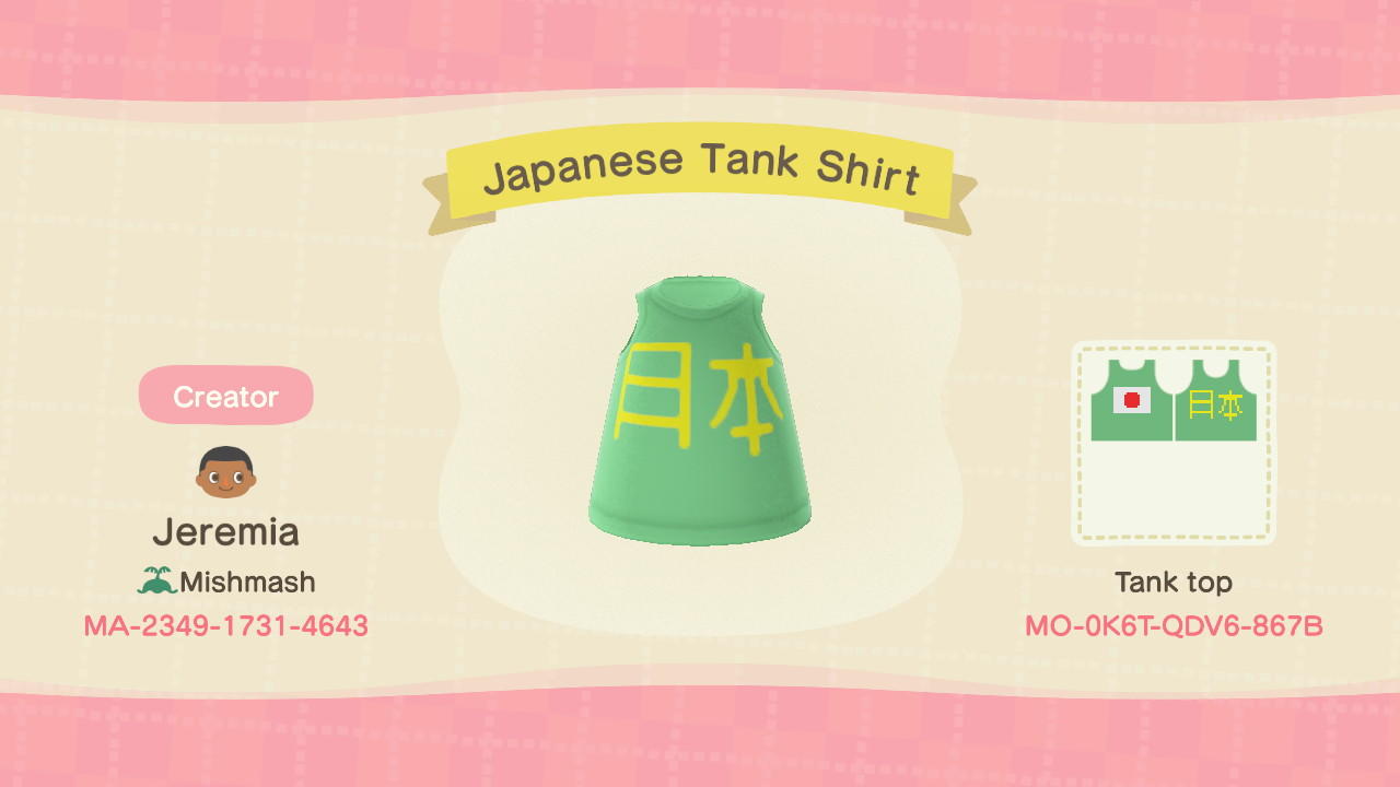 Animal Crossing Design Code: MO-0K6T-QDV6-867B Japanese Tank Shirt