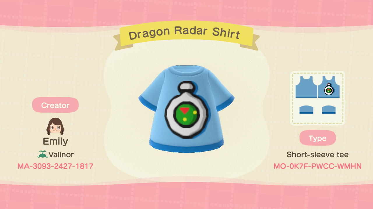 Animal Crossing Design Code: MO-0K7F-PWCC-WMHN Dragon Radar Shirt