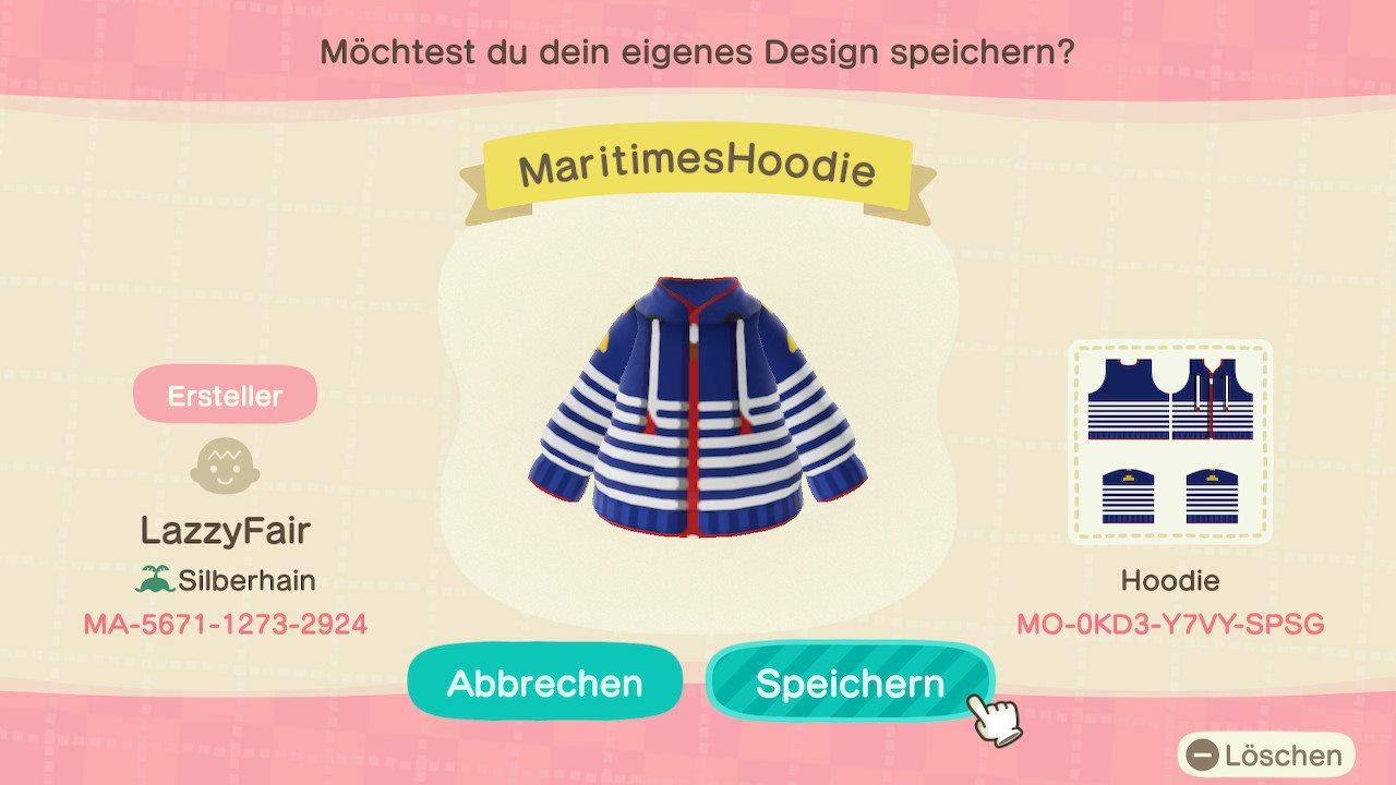 Animal Crossing Design Code: MO-0KD3-Y7VY-SPSG MaritimesHoodie
