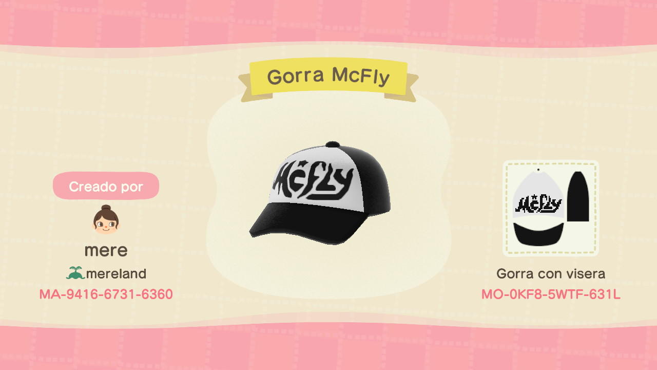 Animal Crossing Design Code: MO-0KF8-5WTF-631L Gorra Mcfly