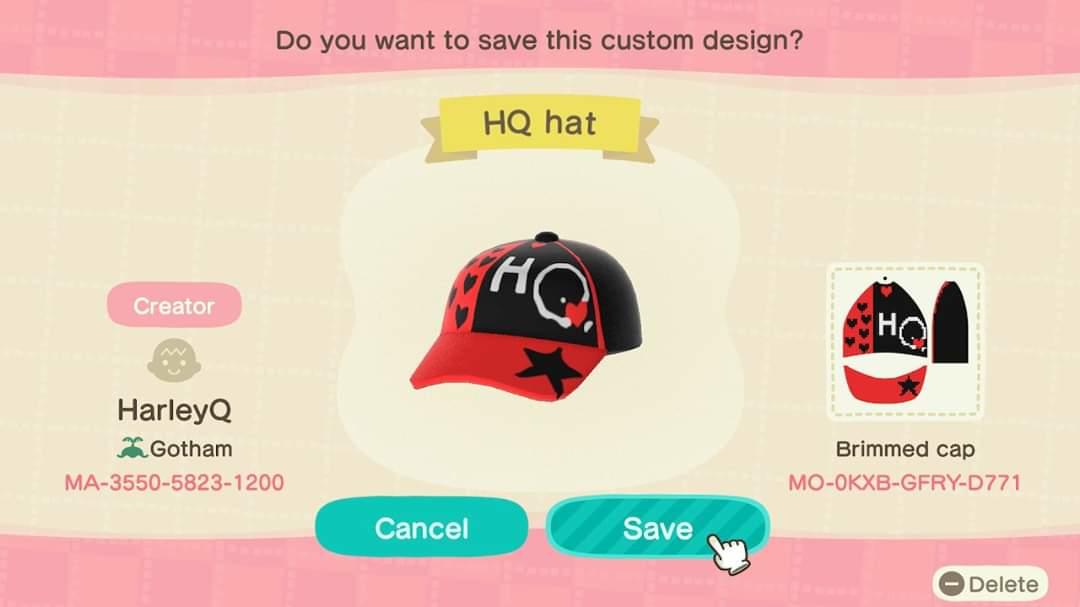 Animal Crossing Design Code: MO-0KXB-GFRY-D771 HQ Hat