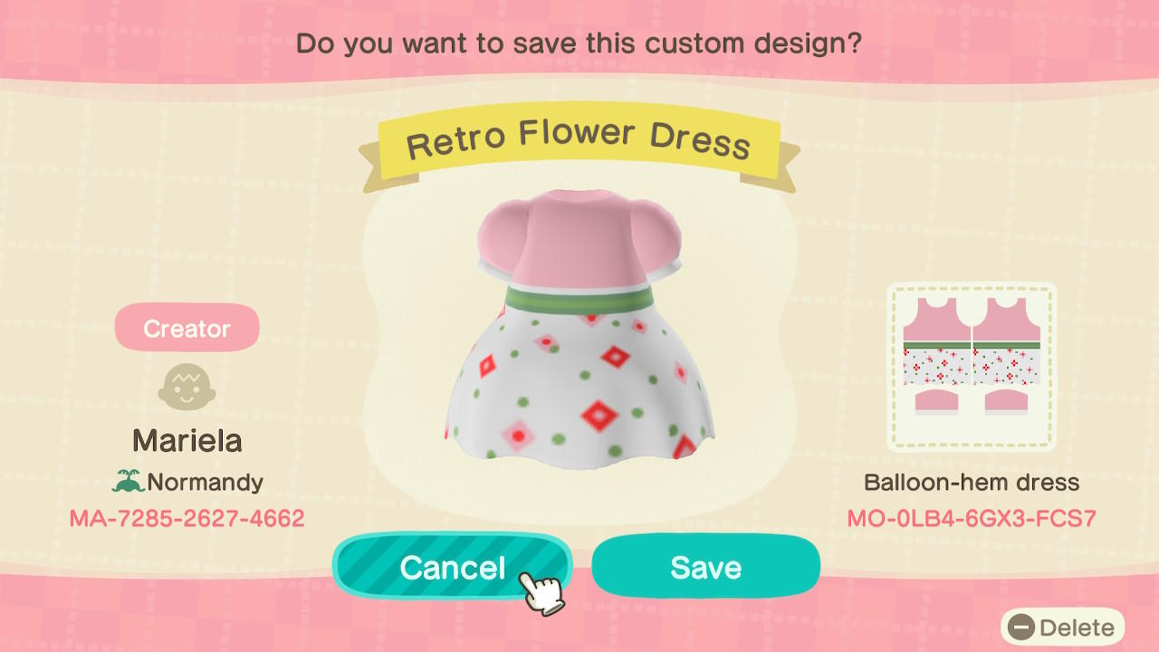Animal Crossing Design Code: MO-0LB4-6GX3-FCS7 Retro Flower Dress