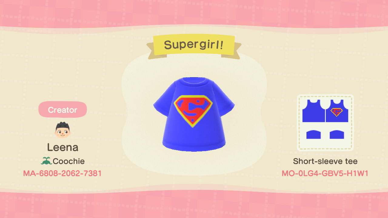 Animal Crossing Design Code: MO-0LG4-GBV5-H1W1 Supergirl Shirt