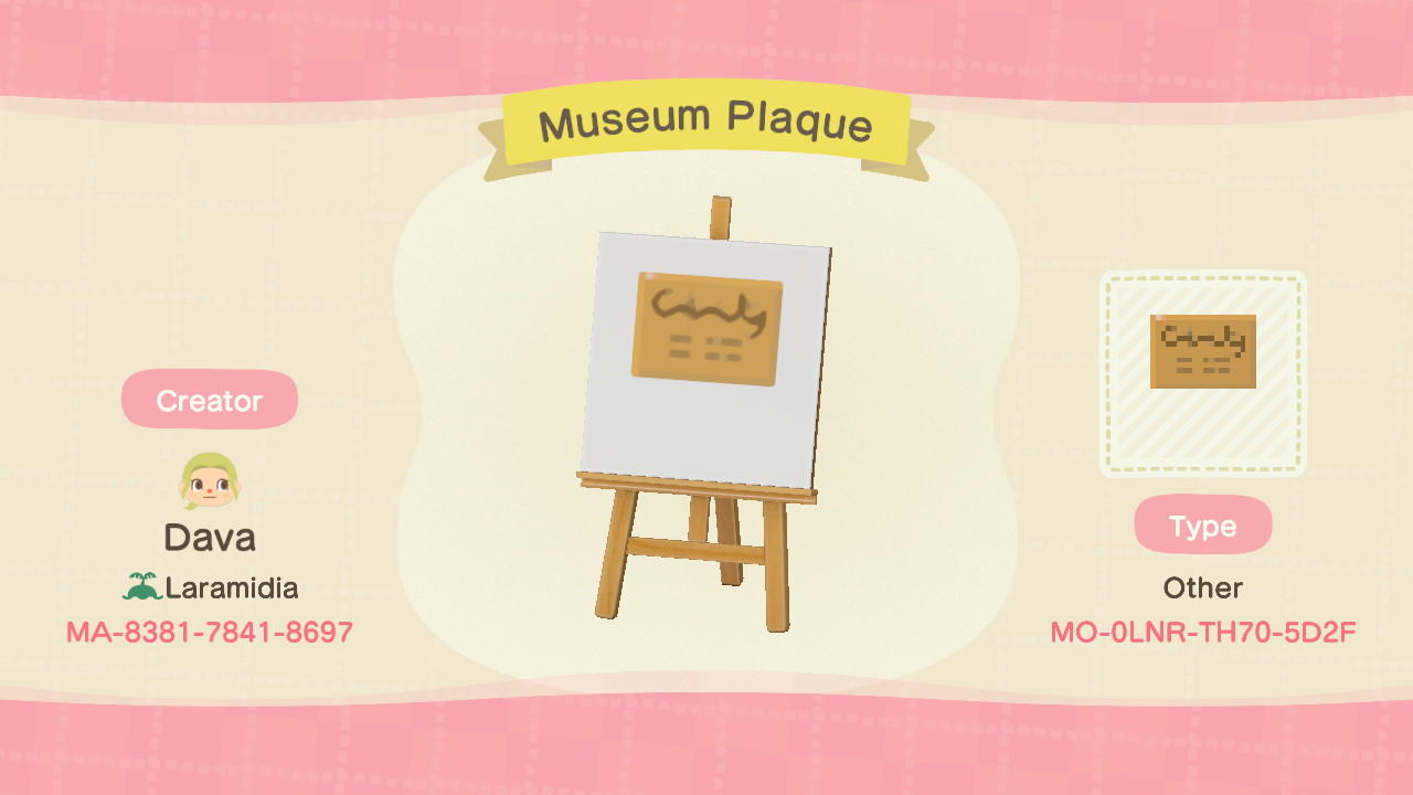 Animal Crossing Design Code: MO-0LNR-TH70-5D2F Museum Plaque