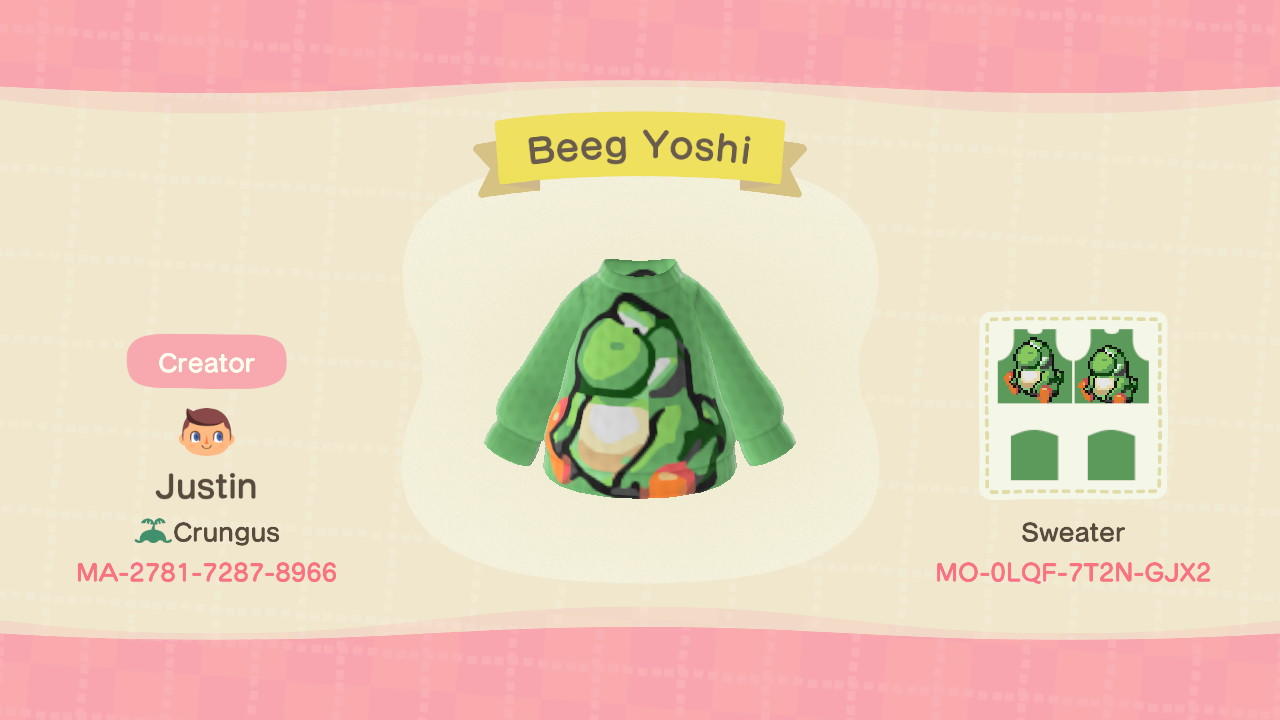 Animal Crossing Design Code: MO-0LQF-7T2N-GJX2 Beeg Yoshi
