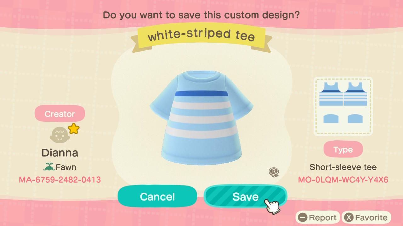 Animal Crossing Design Code: MO-0LQM-WC4Y-Y4X6 White-Striped Tee