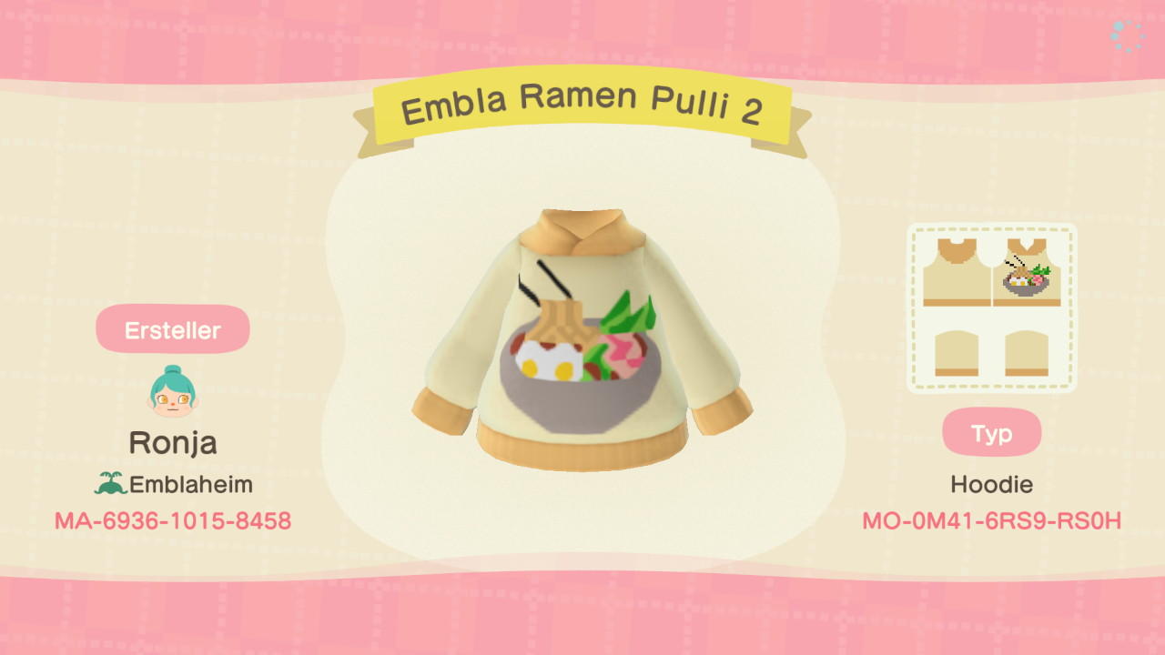 Animal Crossing Design Code: MO-0M41-6RS9-RS0H Ramen Hoodie