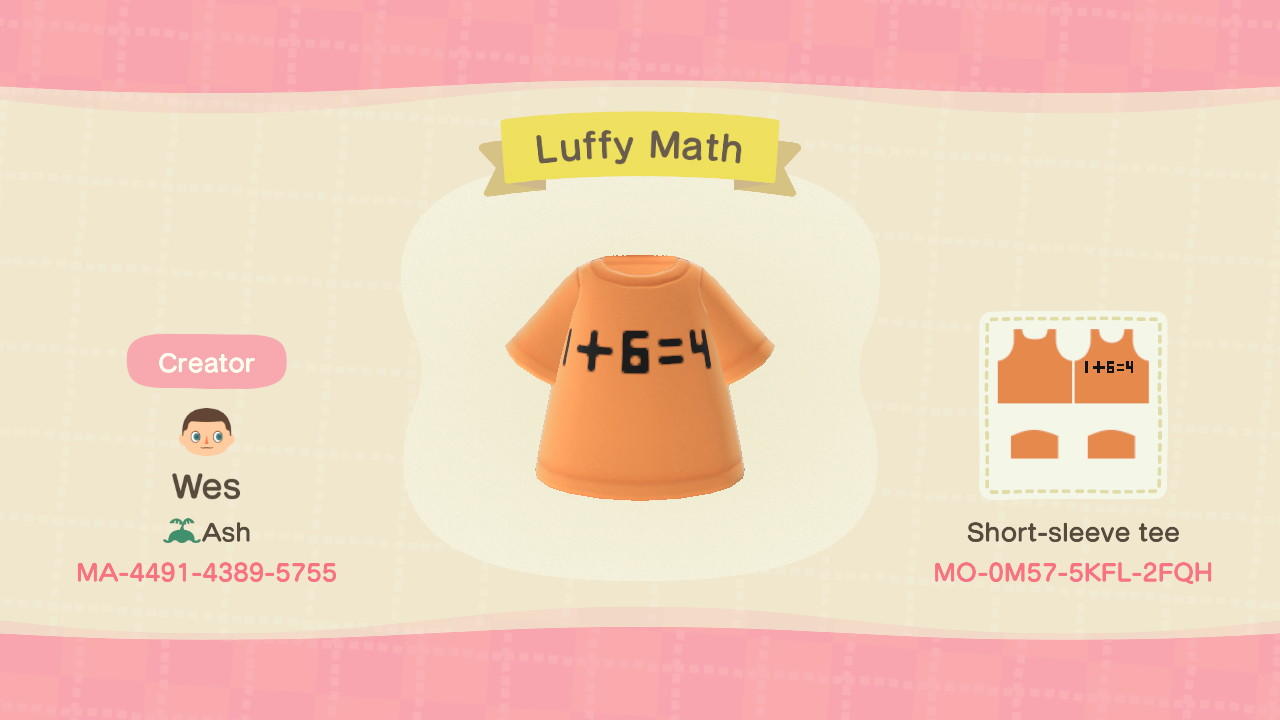 Animal Crossing Design Code: MO-0M57-5KFL-2FQH Luffy Math 1+6=4