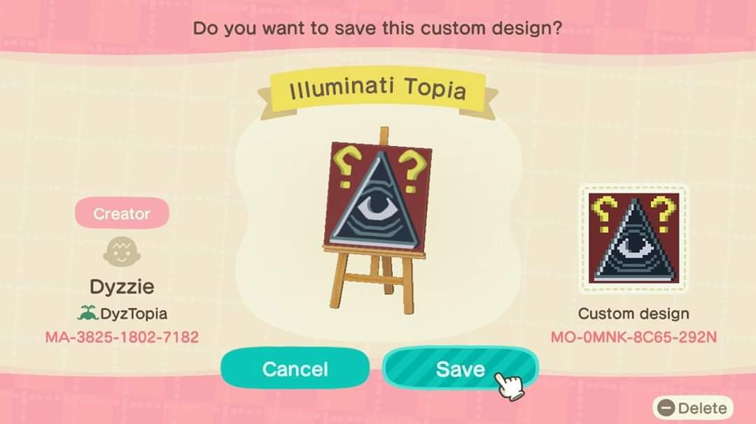 Animal Crossing Design Code: MO-0MNK-8C65-292N Illuminati Topia
