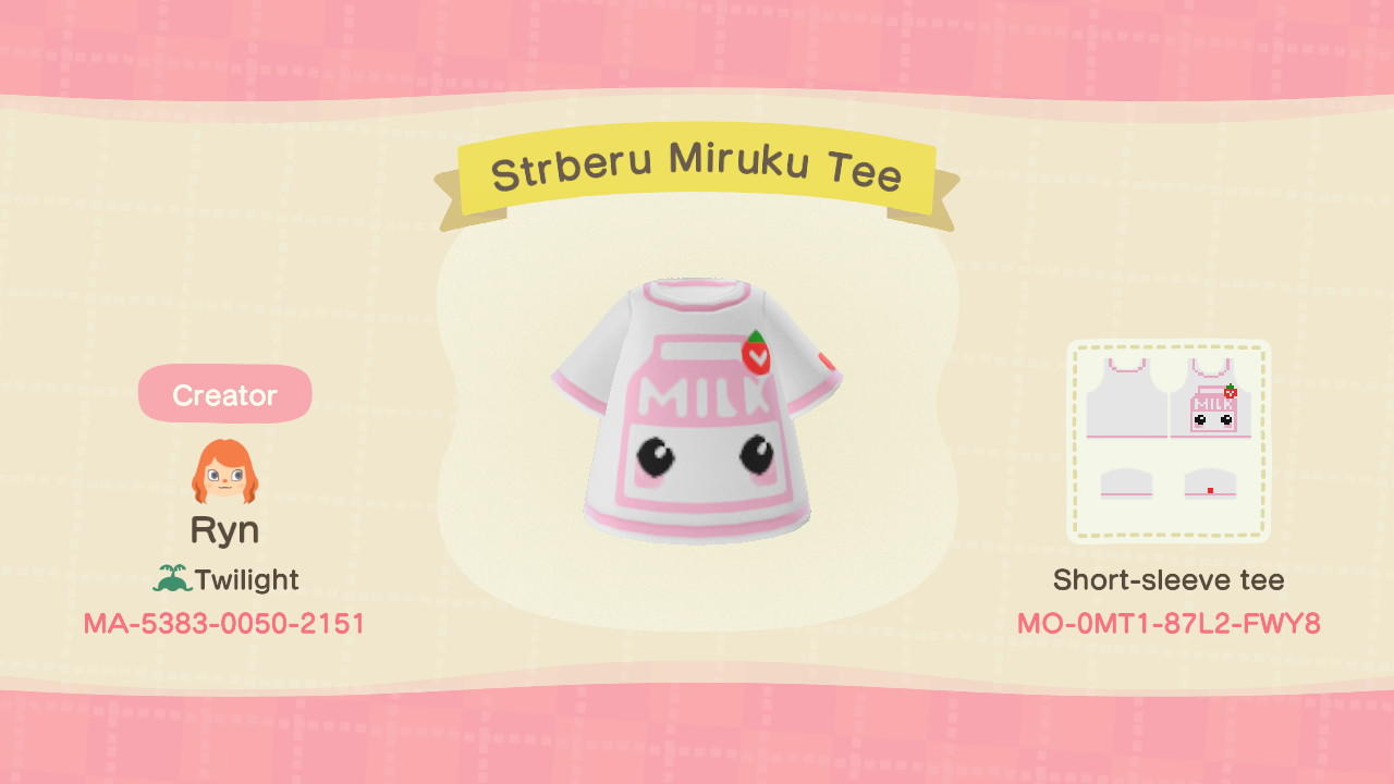 Animal Crossing Design Code: MO-0MT1-87L2-FWY8 Strberu Miruku Tee
