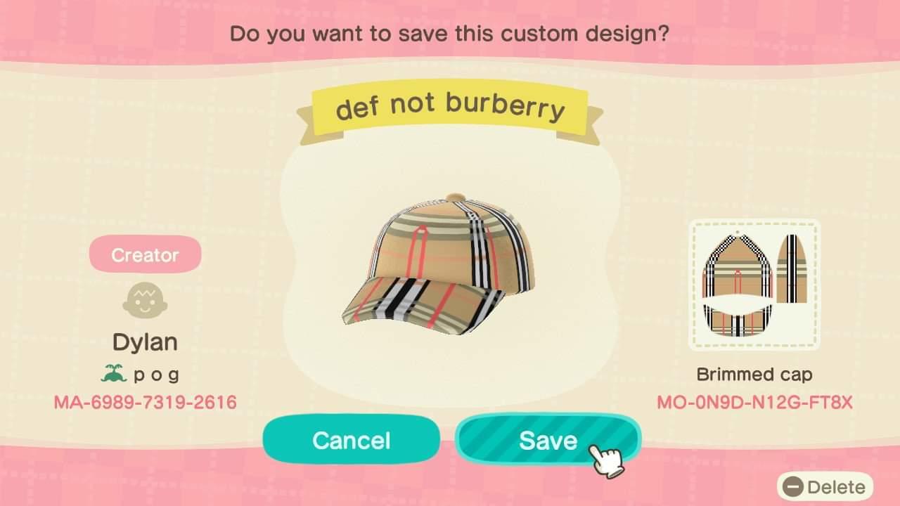 Animal Crossing Design Code: MO-0N9D-N12G-FT8X burberry cap