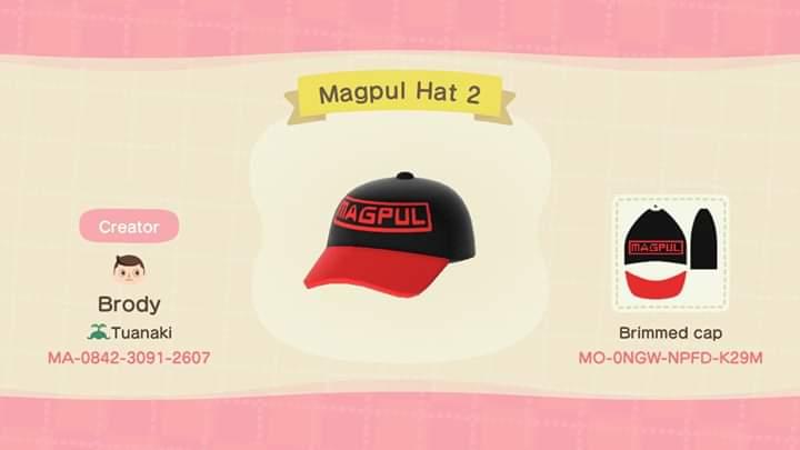 Animal Crossing Design Code: MO-0NGW-NPFD-K29M Magpul Hat 2