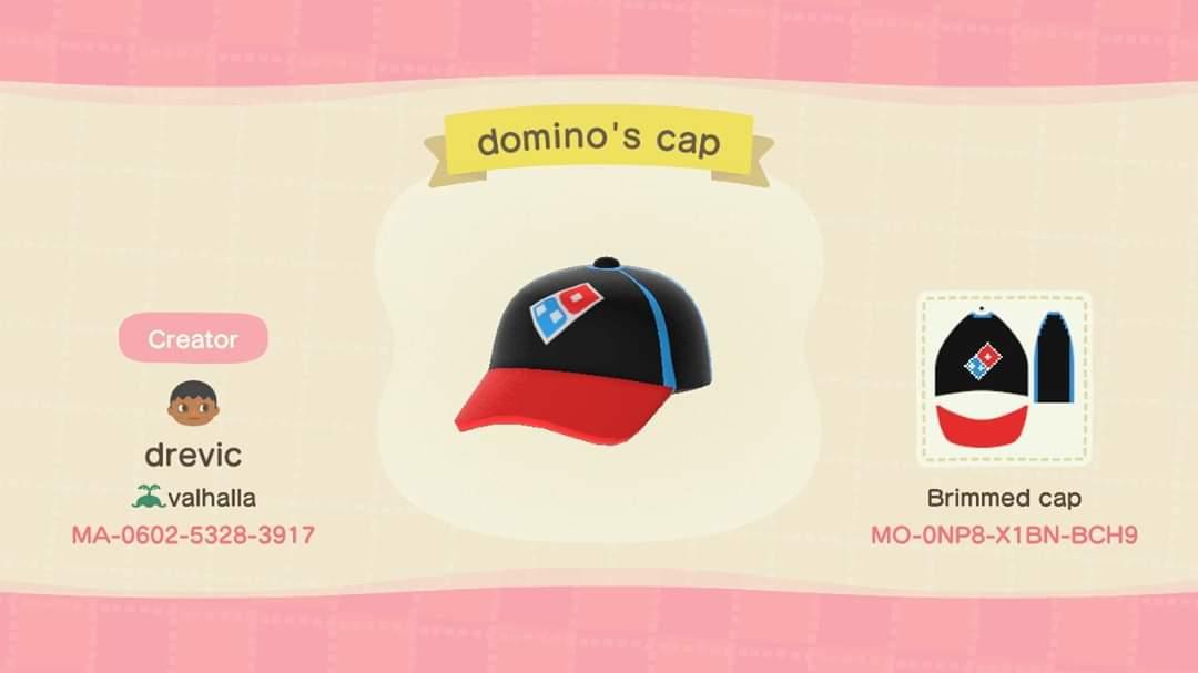 Animal Crossing Design Code: MO-0NP8-X1BN-BCH9 Domino&#39;s cap