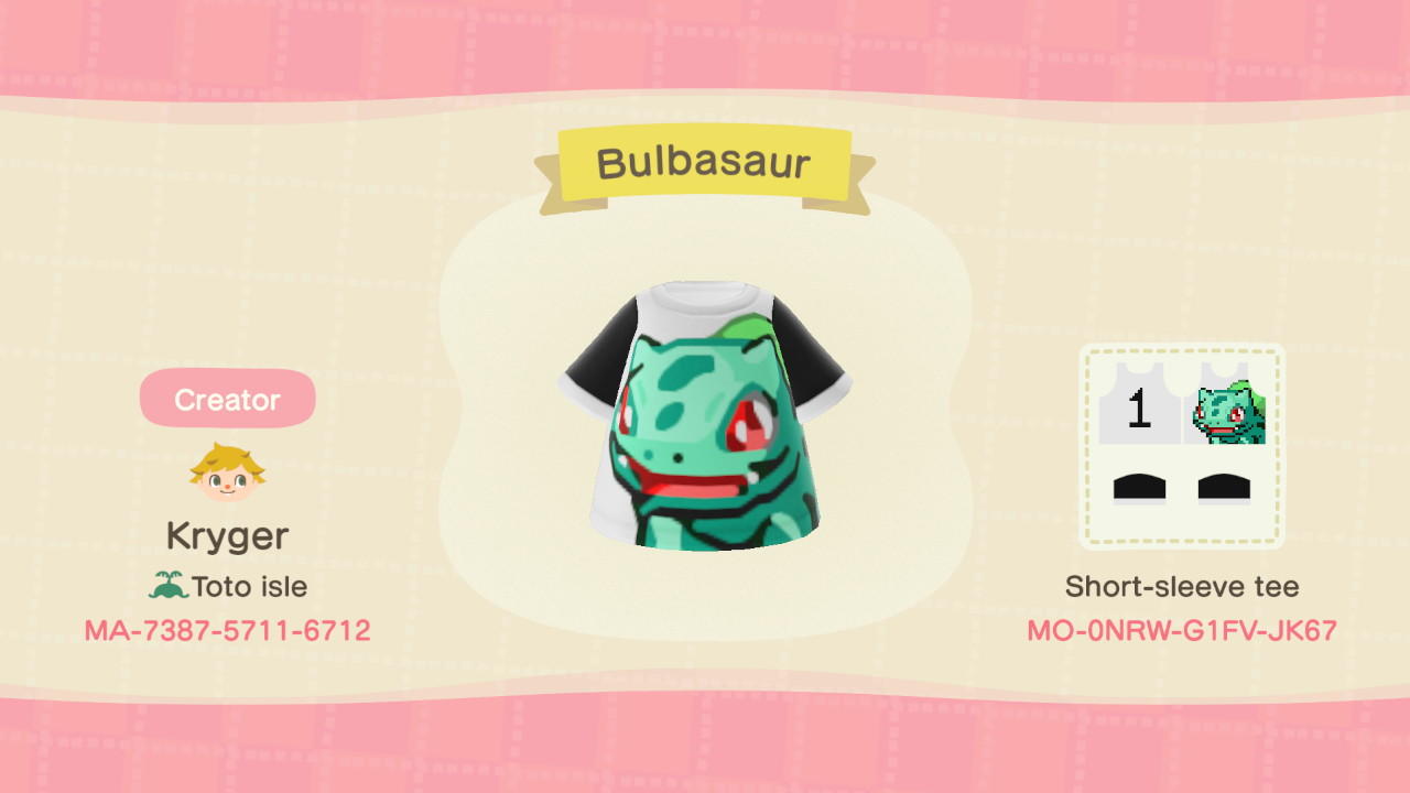 Animal Crossing Design Code: MO-0NRW-G1FV-JK67 Bulbasaur shirt