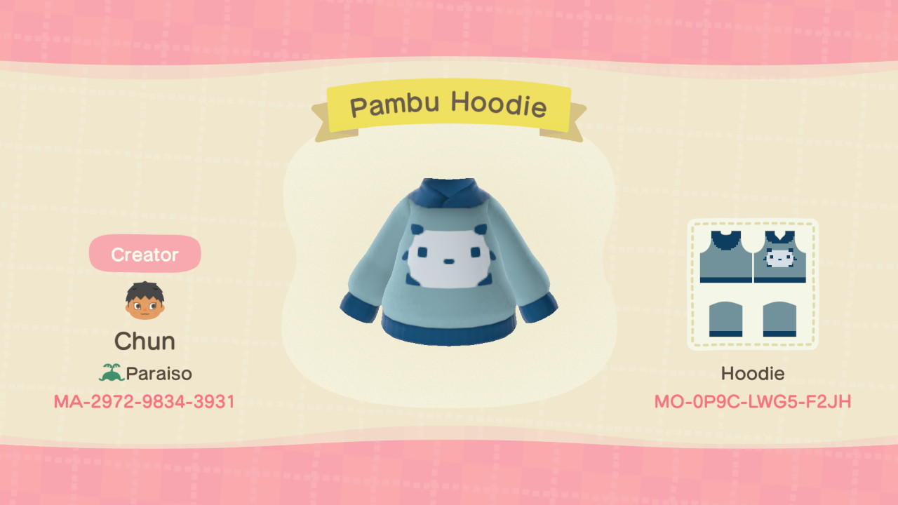 Animal Crossing Design Code: MO-0P9C-LWG5-F2JH Pambu Hoodie