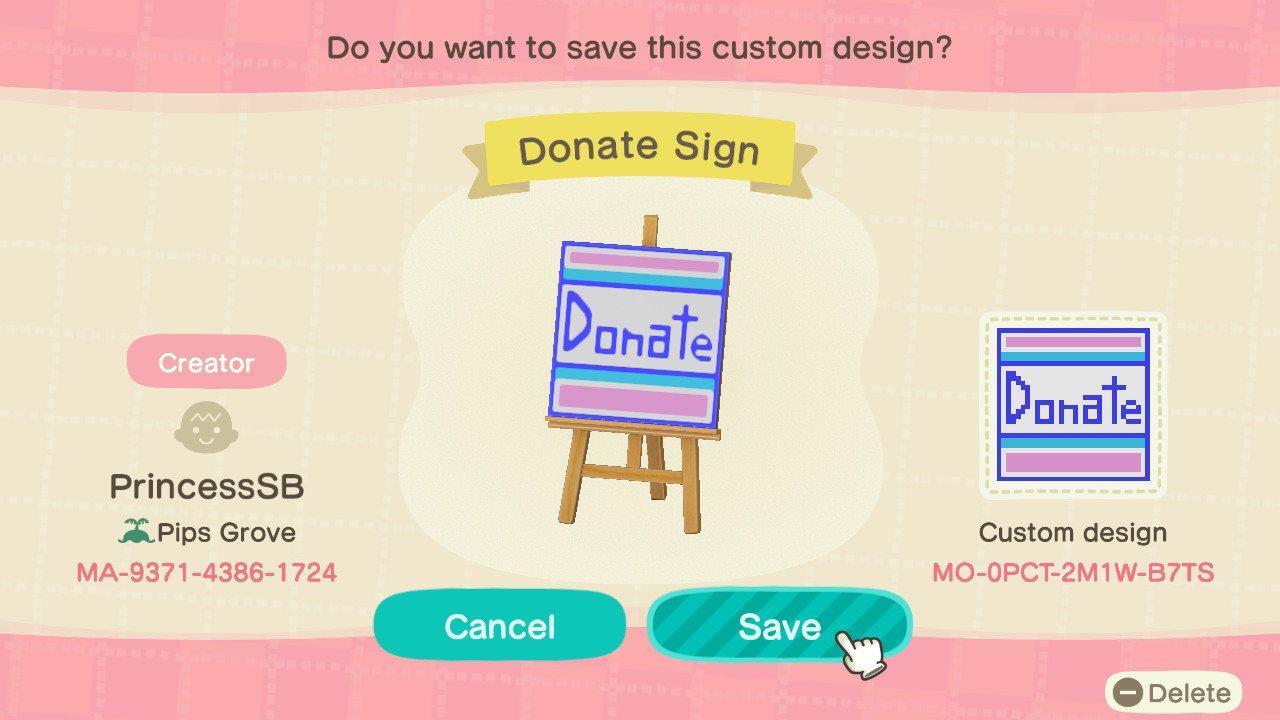 Animal Crossing Design Code: MO-0PCT-2M1W-B7TS Donate Sign