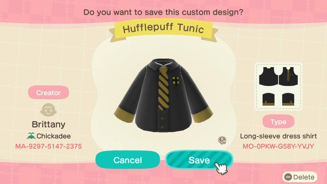 Animal Crossing Design Code: MO-0PKW-G58Y-YVJY Hufflepuff Tunic