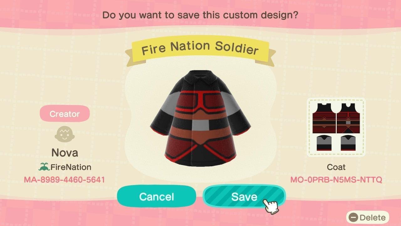Animal Crossing Design Code: MO-0PRB-N5MS-NTTQ Fire Nation Soldier