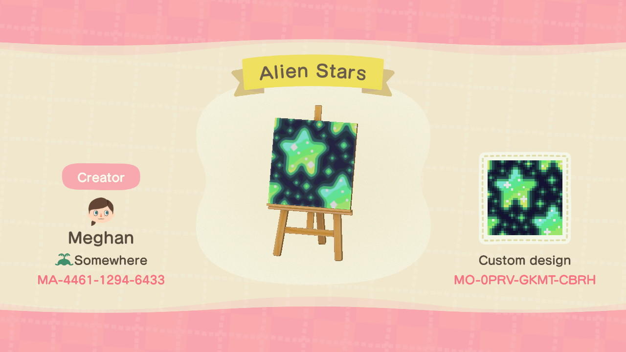 Animal Crossing Design Code: MO-0PRV-GKMT-CBRH Alien Stars