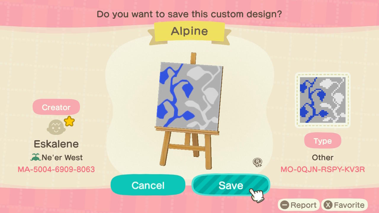 Animal Crossing Design Code: MO-0QJN-RSPY-KV3R Apline Pattern