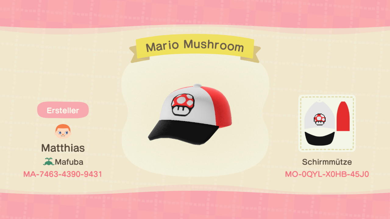 Animal Crossing Design Code: MO-0QYL-X0HB-45J0 Mario Mushroom