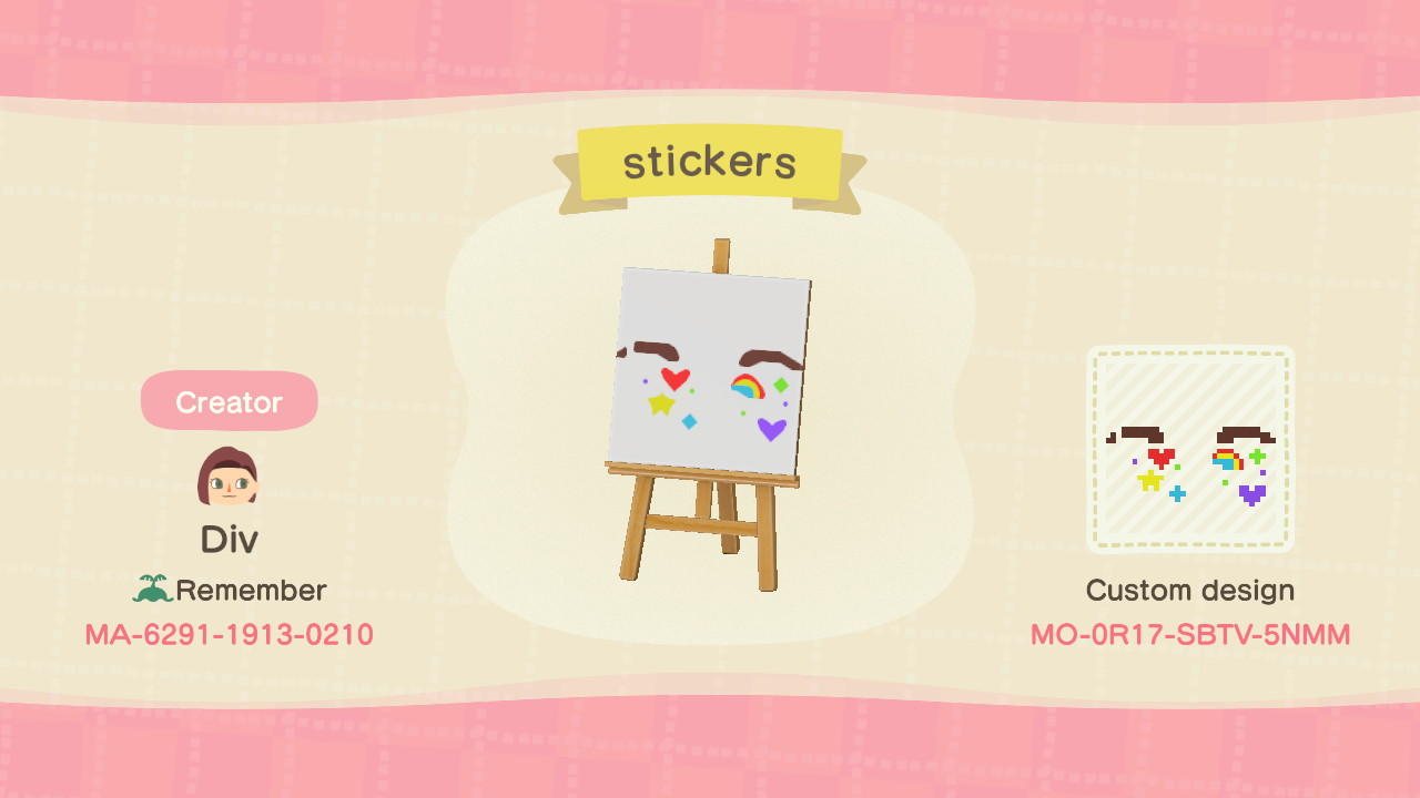 Animal Crossing Design Code: MO-0R17-SBTV-5NMM face stickers