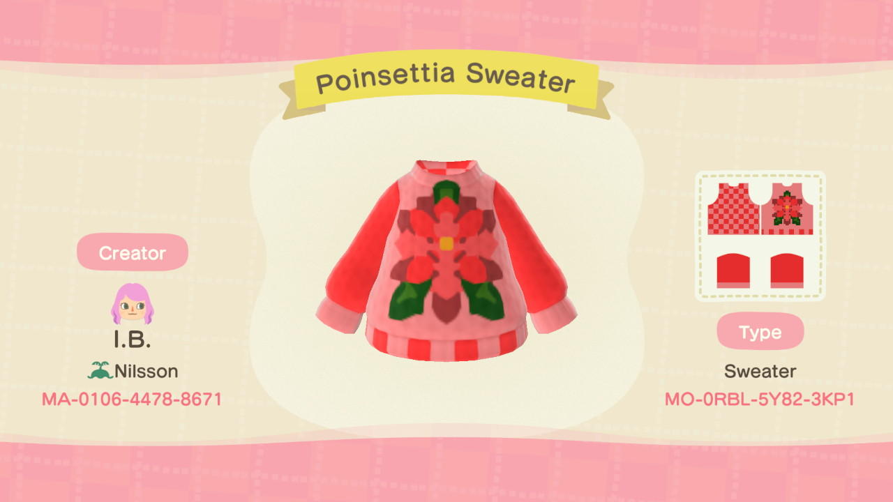 Animal Crossing Design Code: MO-0RBL-5Y82-3KP1 Poinsettia Sweater
