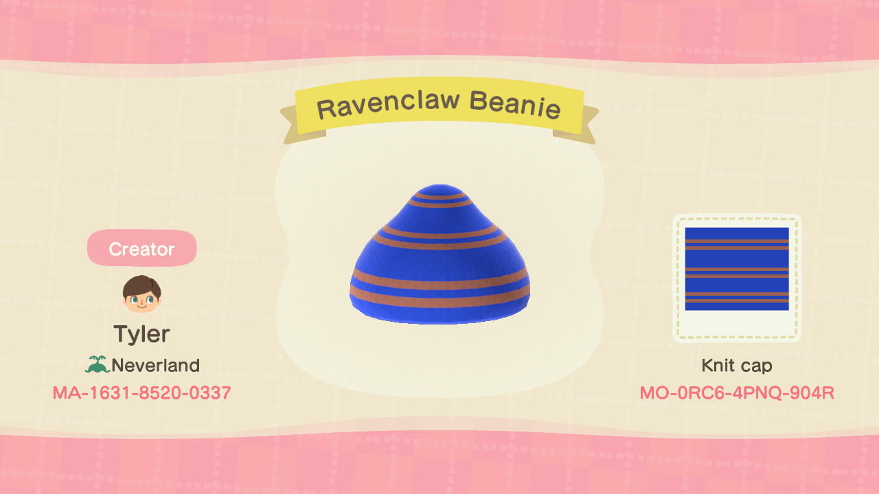 Animal Crossing Design Code: MO-0RC6-4PNQ-904R Ravenclaw Beanie