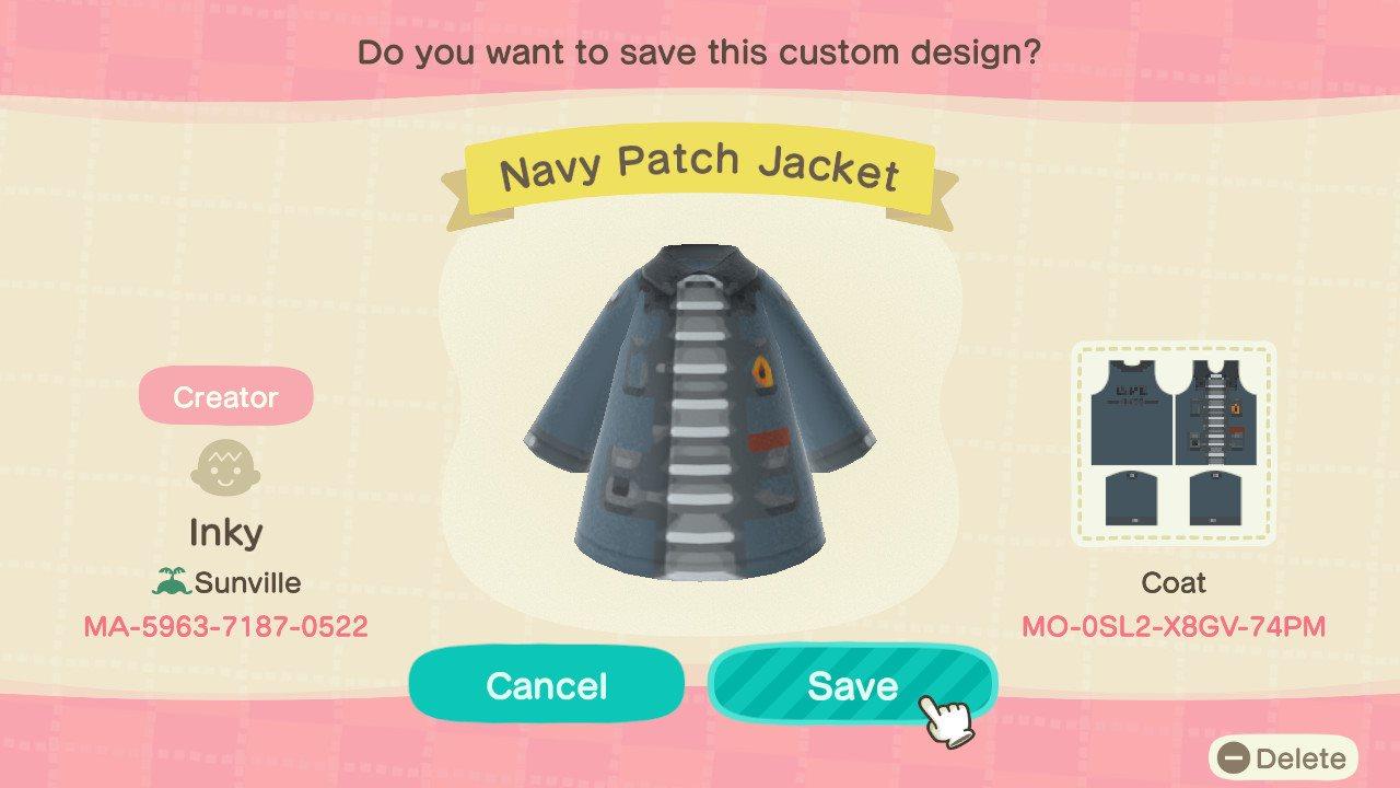 Animal Crossing Design Code: MO-0SL2-X8GV-74PM Navy Patch Jacket